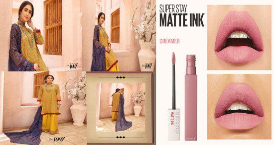 Picture of Nazakat by Khoobsurat Embroidered Swiss Collection with Embroidered Chiffon Dupatta & Dyed Trouser | Pakistani Dress | ES - 1007 | | Maybelline Superstay 24 hours Matte Ink Liquid Lipstick 10 Dreamer | | Combo-3
